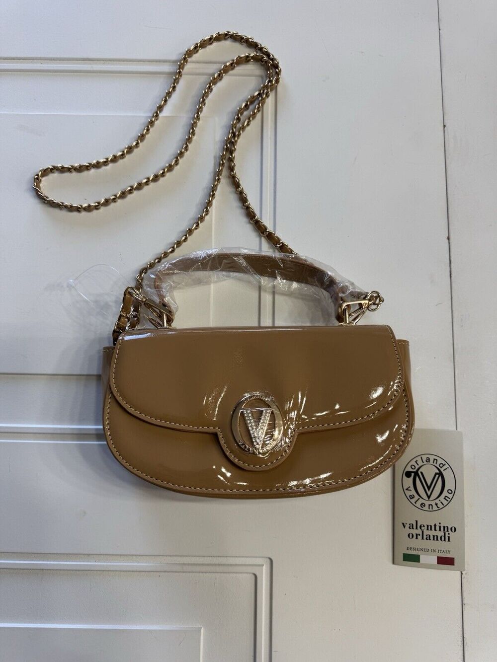 Valentino Orlandi NWT Small Taupe Patent Faux Leather Handbag - MSRP $210